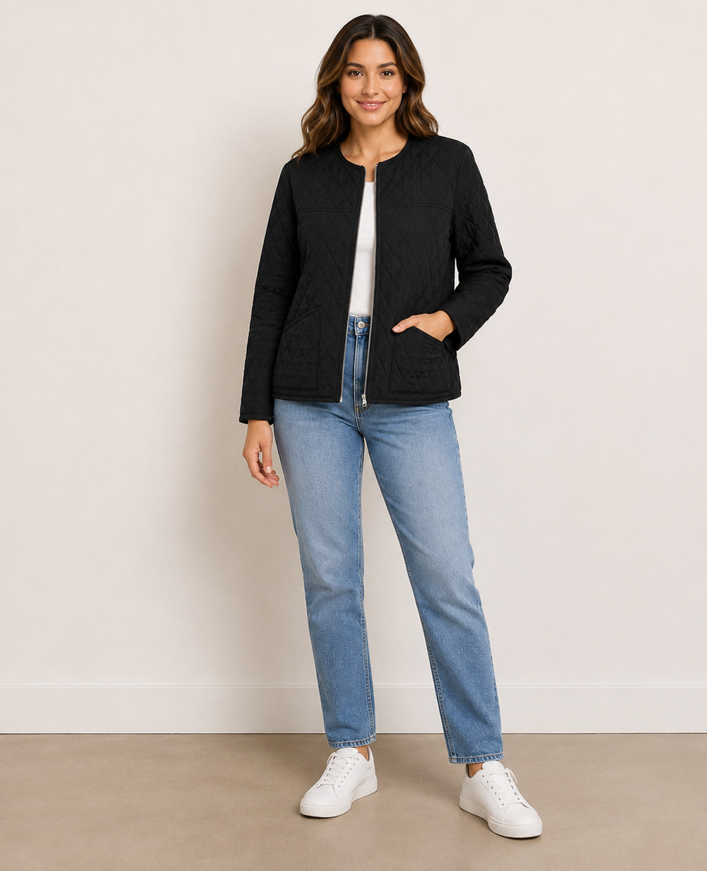 Mo-Ka by Santa Fe Women S NWT Black Diamond Quilted Collarless Zip Jacket